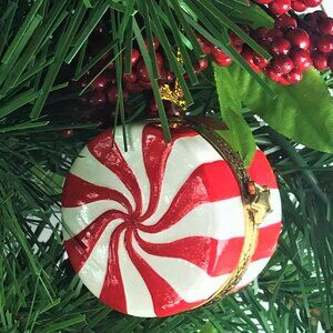 Peppermint Candy Porcelain Hinged Surprise Gift Trinket Box Christmas Ornament